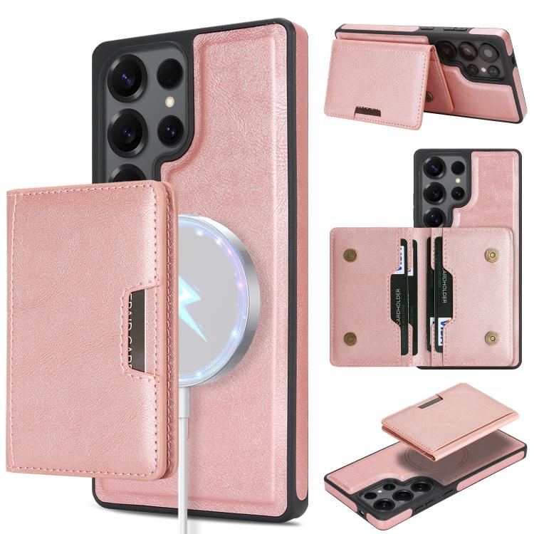 Funda de cuero con adhesivo lateral para Samsung Galaxy S24 Ultra, con anillo magnético MagSafe de doble pliegue y fuerte capacidad de carga (rosa y dorado)