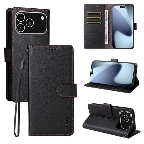 ENKAY - Funda de piel con textura de lichi y función atril para iPhone 17 Pro Max (negro)