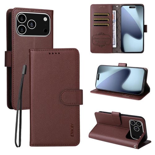 ENKAY - Funda de piel con textura de lichi y función atril para iPhone 17 Pro Max (marrón)