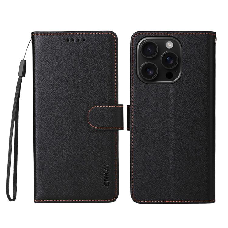 ENKAY - Funda de piel con textura de lichi y función atril para iPhone 16 Pro Max (negro)