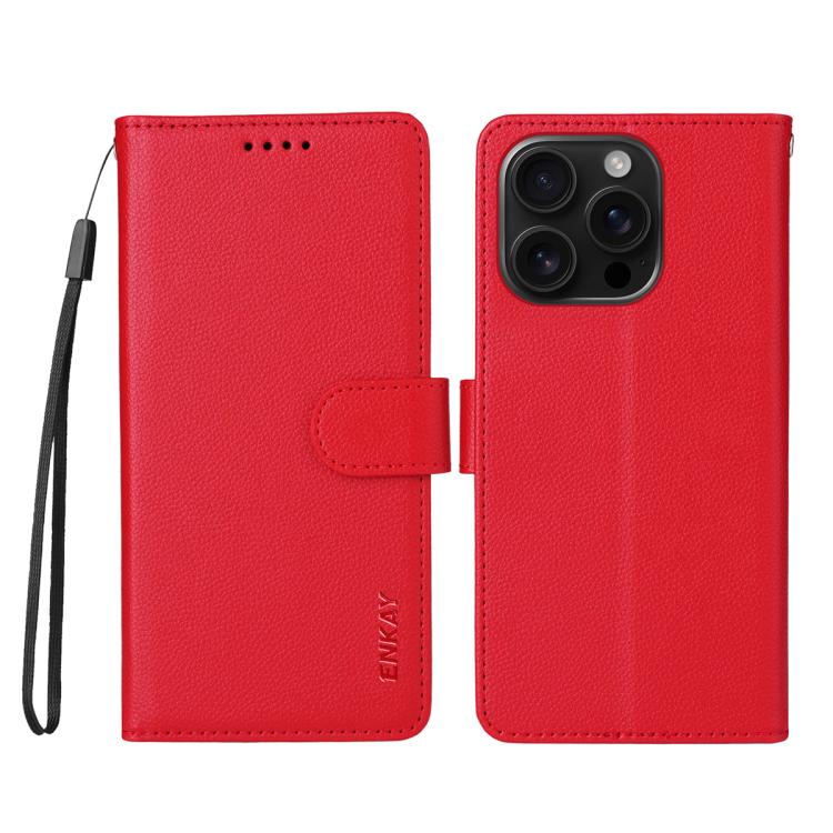 ENKAY - Funda de piel con textura de lichi y función atril para iPhone 16 Pro Max (color rojo)