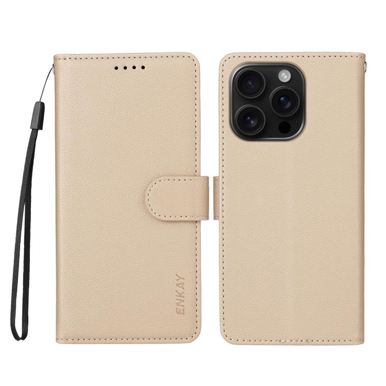 ENKAY - Funda de piel con textura de lichi y función atril para iPhone 16 Pro Max (beige)