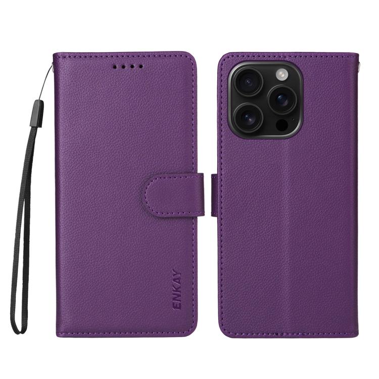 ENKAY - Funda de piel con textura de lichi y función atril para iPhone 16 Pro Max (morado)