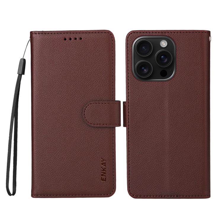 ENKAY - Funda de piel con textura de lichi y función atril para iPhone 16 Pro Max (marrón)