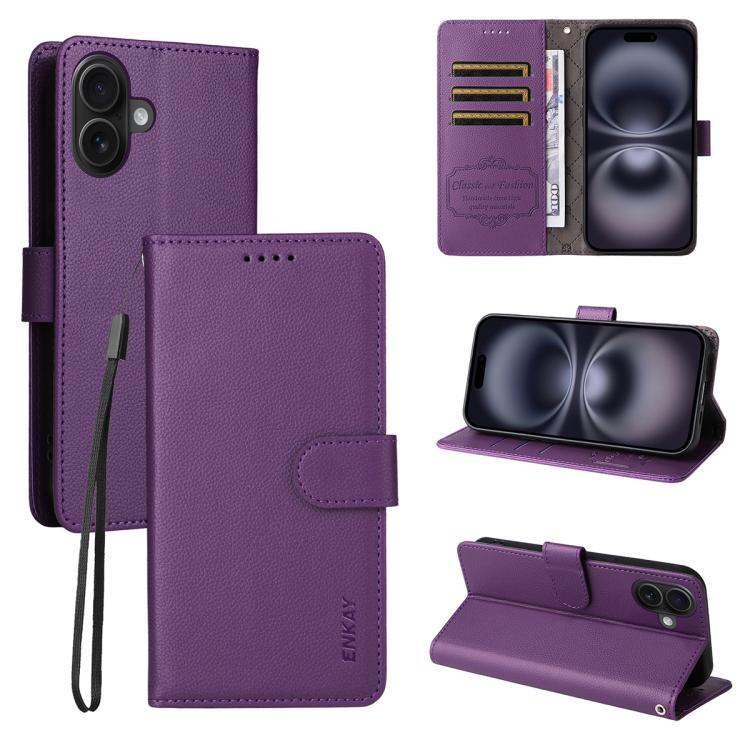 ENKAY - Funda de piel con textura de lichi y función atril para iPhone 16 Pro (morada)