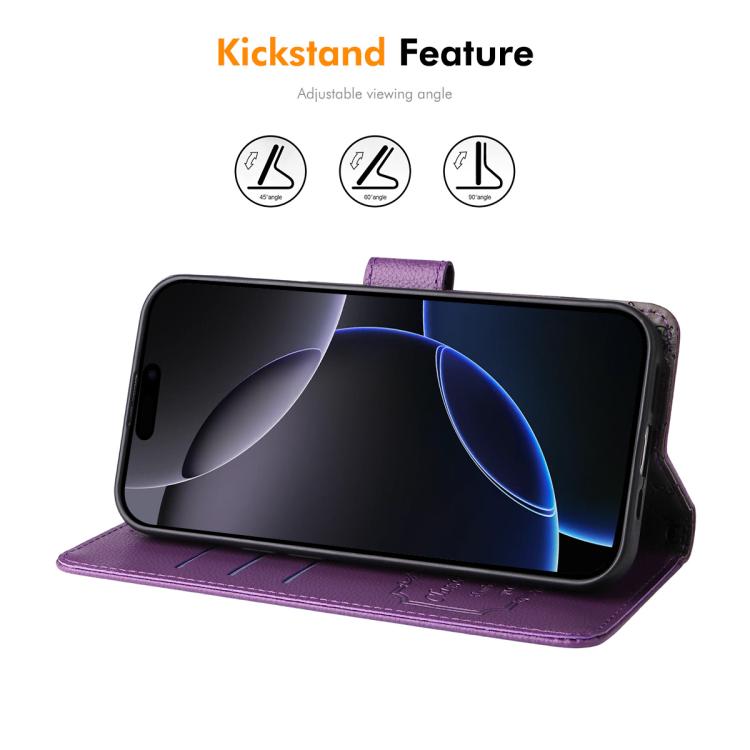 ENKAY - Funda de piel con textura de lichi y función atril para iPhone 16 Pro (morada)