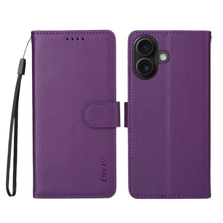 ENKAY - Funda de piel con textura de lichi y función atril para iPhone 16 Plus (morado)