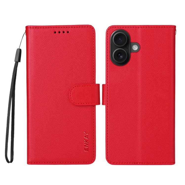 ENKAY - Funda de piel con textura de lichi y bloqueo RFID para iPhone 16 (roja)