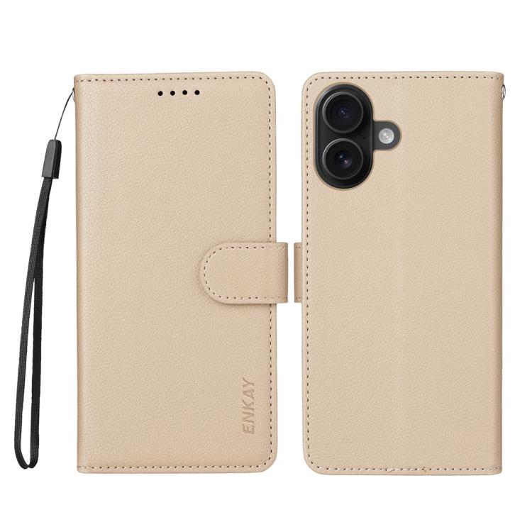 ENKAY - Funda de piel con textura de lichi y bloqueo RFID para iPhone 16 (beige)