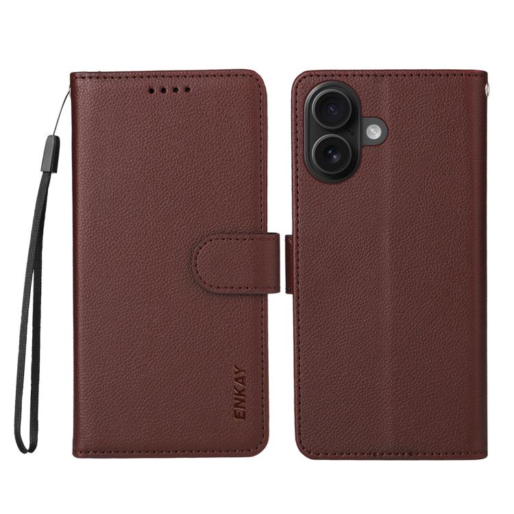 ENKAY - Funda de piel con textura de lichi y bloqueo RFID para iPhone 16 (marrón)