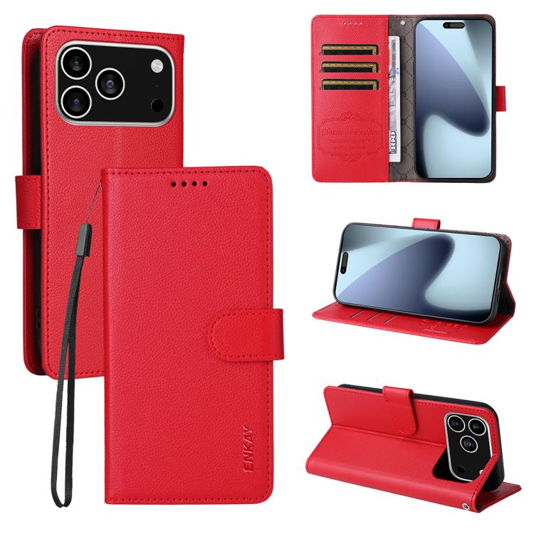 ENKAY - Funda de piel con textura de lichi y bloqueo RFID para iPhone 16e (roja)