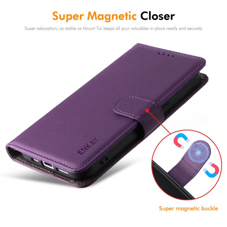 ENKAY - Funda de piel con textura de lichi y bloqueo RFID para iPhone 16e (morado)
