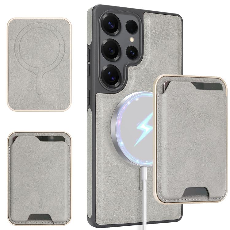 Funda de cuero con etiqueta lateral para Samsung Galaxy S25 Ultra 5G, con anillo magnético Kalebol Slim MagSafe y tarjetero (gris)
