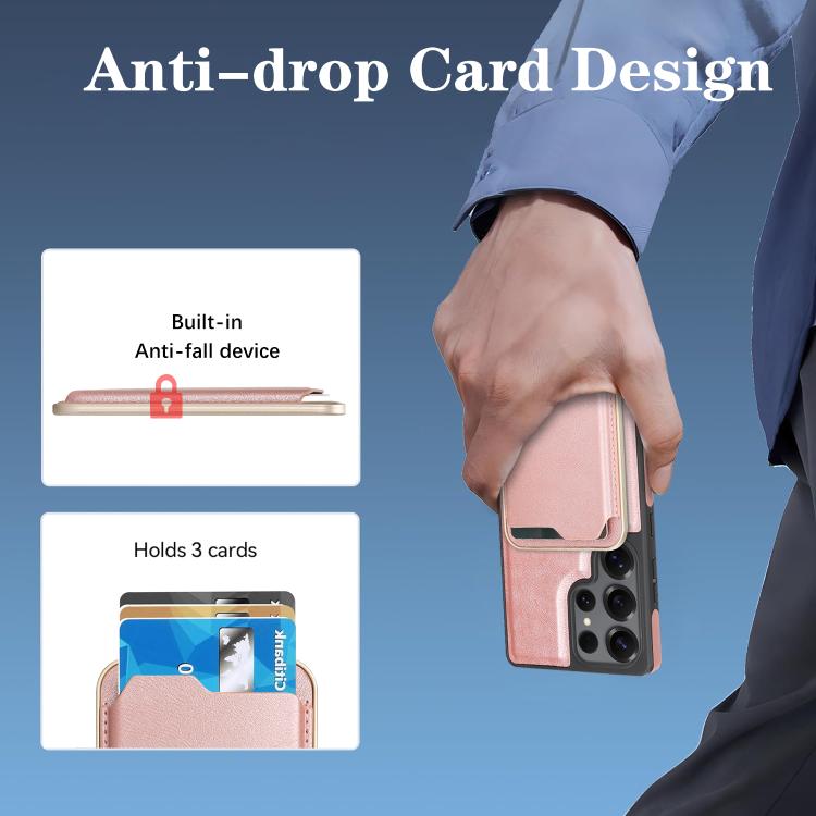 Funda de cuero con anillo magnético Kalebol Slim MagSafe para Samsung Galaxy S25 Ultra 5G, con adhesivo lateral y ranuras para tarjetas (oro rosa)