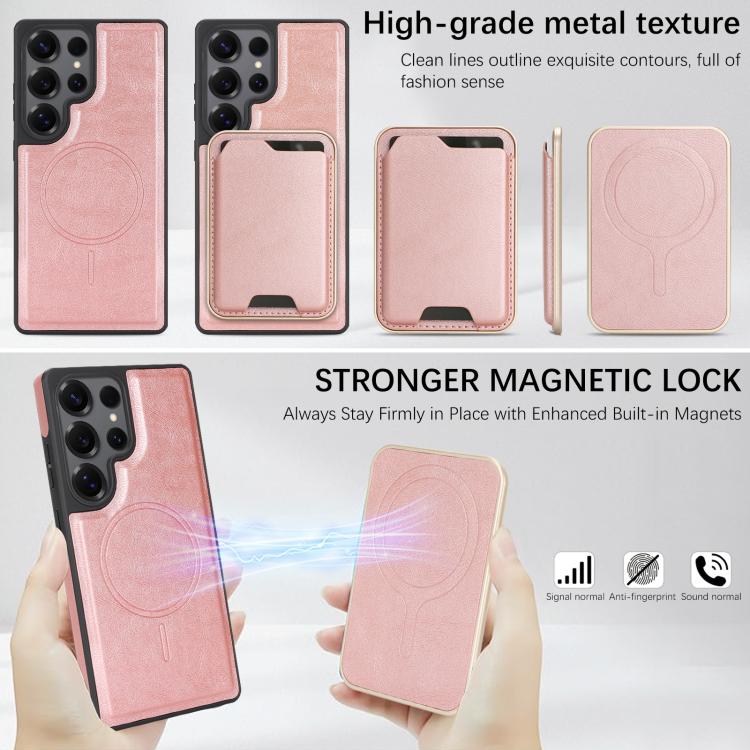 Funda de cuero con anillo magnético Kalebol Slim MagSafe para Samsung Galaxy S25 Ultra 5G, con adhesivo lateral y ranuras para tarjetas (oro rosa)