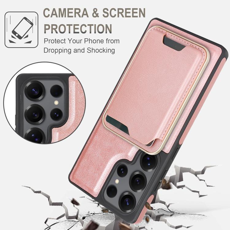Funda de cuero con anillo magnético Kalebol Slim MagSafe para Samsung Galaxy S25 Ultra 5G, con adhesivo lateral y ranuras para tarjetas (oro rosa)