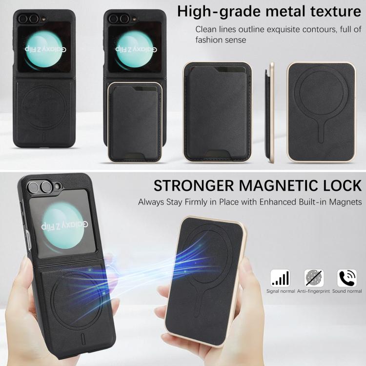 Funda de cuero con adhesivo lateral para Samsung Galaxy Z Flip6, con anillo magnético Kalebol Slim MagSafe y tarjeta, color negro