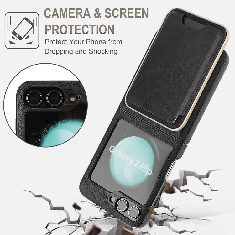 Funda de cuero con adhesivo lateral para Samsung Galaxy Z Flip6, con anillo magnético Kalebol Slim MagSafe y tarjeta, color negro