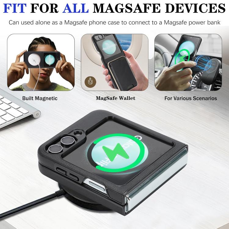Funda de cuero con adhesivo lateral para Samsung Galaxy Z Flip6, con anillo magnético Kalebol Slim MagSafe y tarjeta, color negro