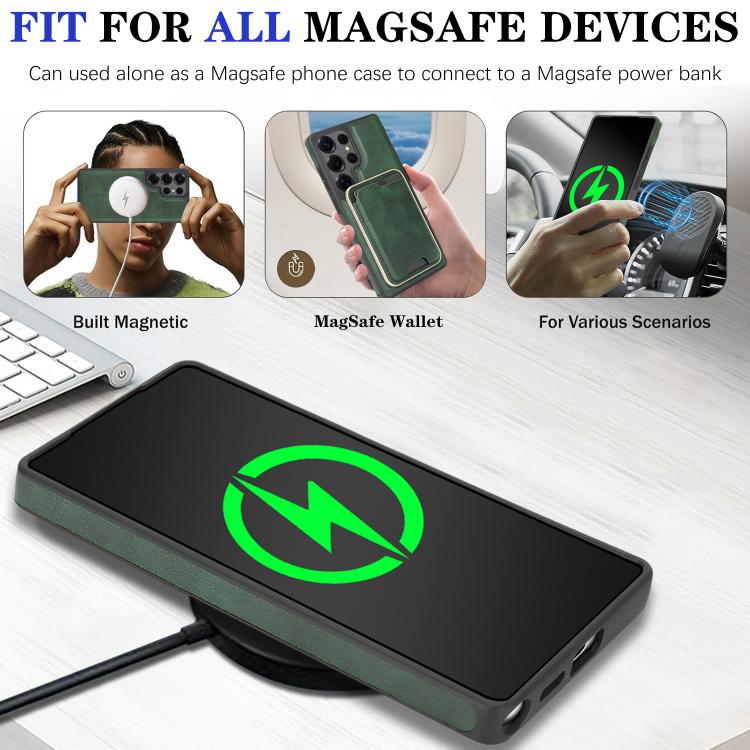 Funda de cuero con etiqueta lateral para Samsung Galaxy S24 Ultra 5G, Kalebol Slim MagSafe Ring, con tarjeta magnética y anillo (verde)