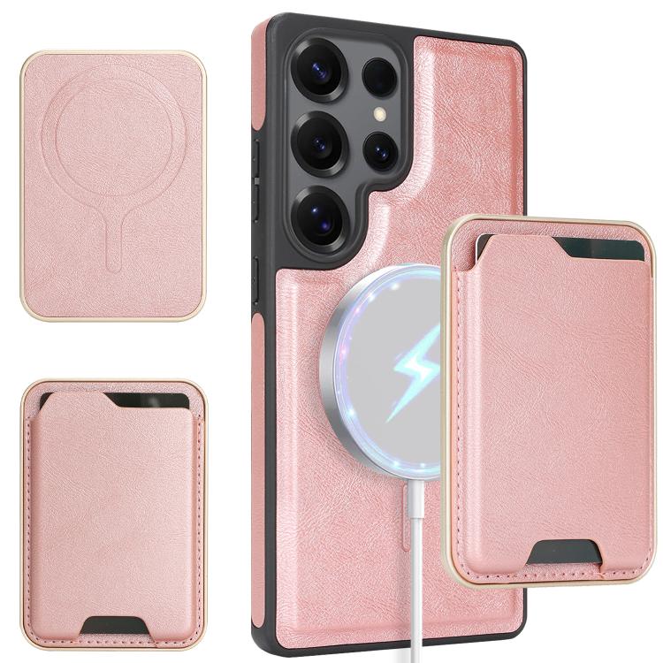 Funda de cuero con anillo magnético Kalebol Slim MagSafe para Samsung Galaxy S24 Ultra 5G, con adhesivo lateral y ranuras para tarjetas (oro rosa)