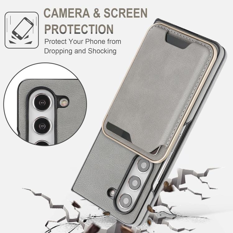 Funda de cuero con etiqueta lateral para Samsung Galaxy Z Fold5, Kalebol Slim MagSafe Ring, con tarjeta magnética y anillo (gris)