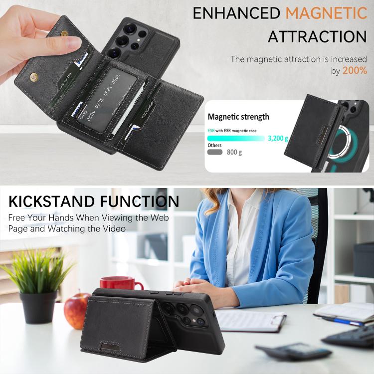 Funda de cuero con tres pliegues y adhesivo lateral para Samsung Galaxy S25 Ultra 5G (negro)