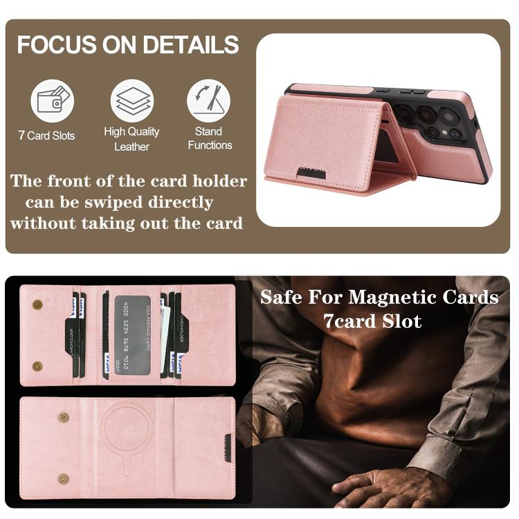 Funda de cuero con tres pliegues y adhesivo lateral para Samsung Galaxy S25 Ultra 5G (rosa y dorado)