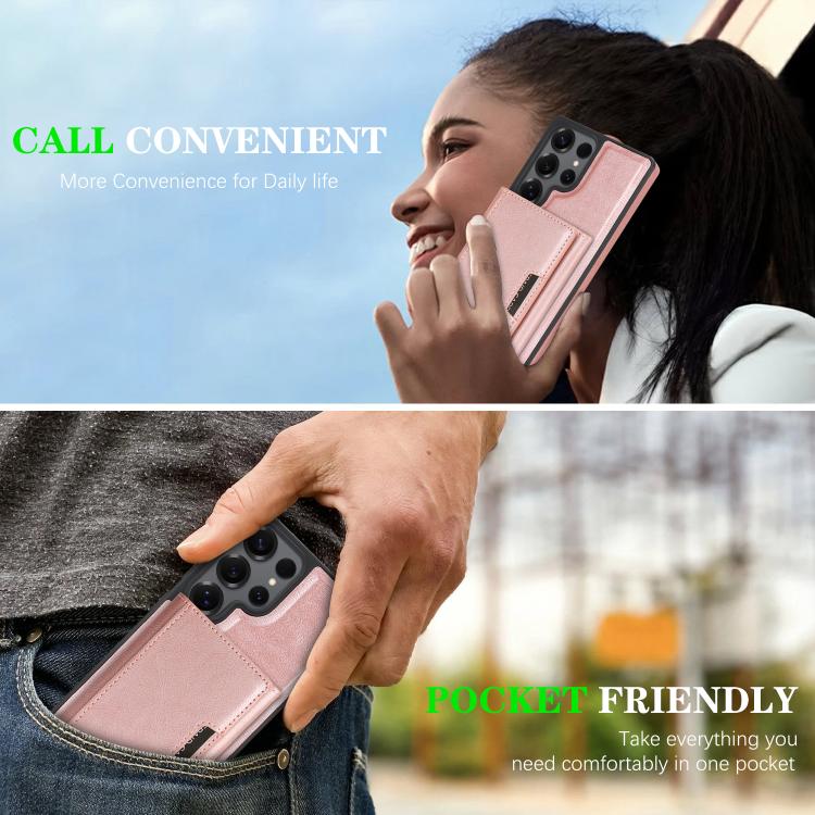 Funda de cuero con tres pliegues y adhesivo lateral para Samsung Galaxy S25 Ultra 5G (rosa y dorado)