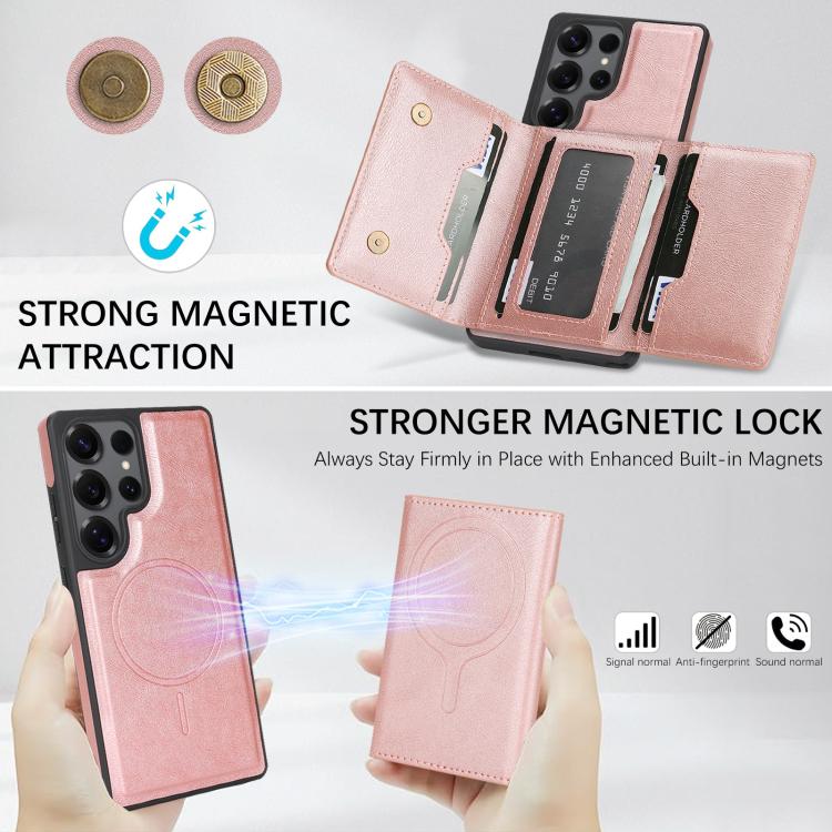 Funda de cuero con tres pliegues y adhesivo lateral para Samsung Galaxy S25 Ultra 5G (rosa y dorado)