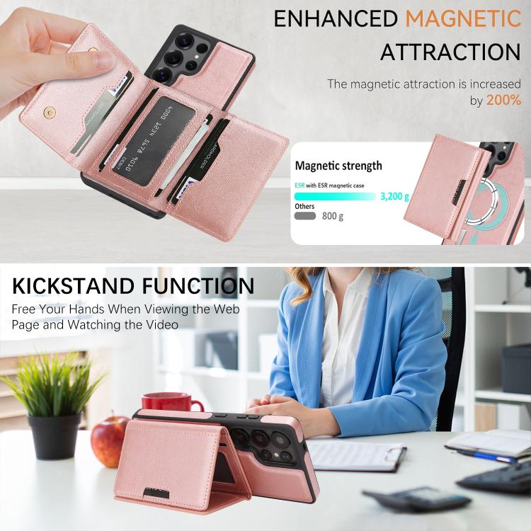 Funda de cuero con tres pliegues y adhesivo lateral para Samsung Galaxy S25 Ultra 5G (rosa y dorado)