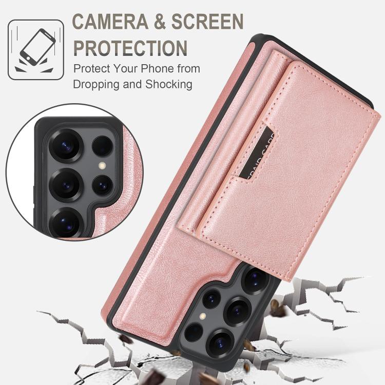 Funda de cuero con tres pliegues y adhesivo lateral para Samsung Galaxy S25 Ultra 5G (rosa y dorado)