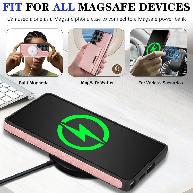 Funda de cuero con tres pliegues y adhesivo lateral para Samsung Galaxy S25 Ultra 5G (rosa y dorado)