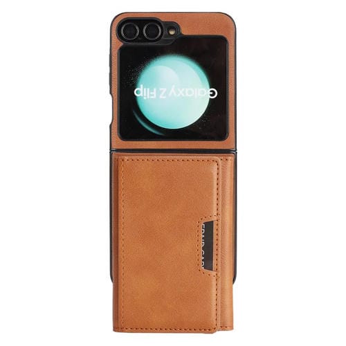Funda de cuero con tres pliegues y adhesivo lateral para Samsung Galaxy Z Flip6 (marrón)