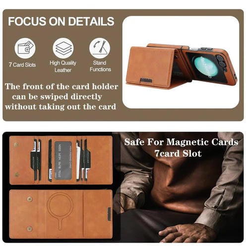 Funda de cuero con tres pliegues y adhesivo lateral para Samsung Galaxy Z Flip6 (marrón)