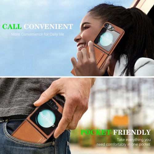 Funda de cuero con tres pliegues y adhesivo lateral para Samsung Galaxy Z Flip6 (marrón)
