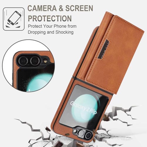 Funda de cuero con tres pliegues y adhesivo lateral para Samsung Galaxy Z Flip6 (marrón)