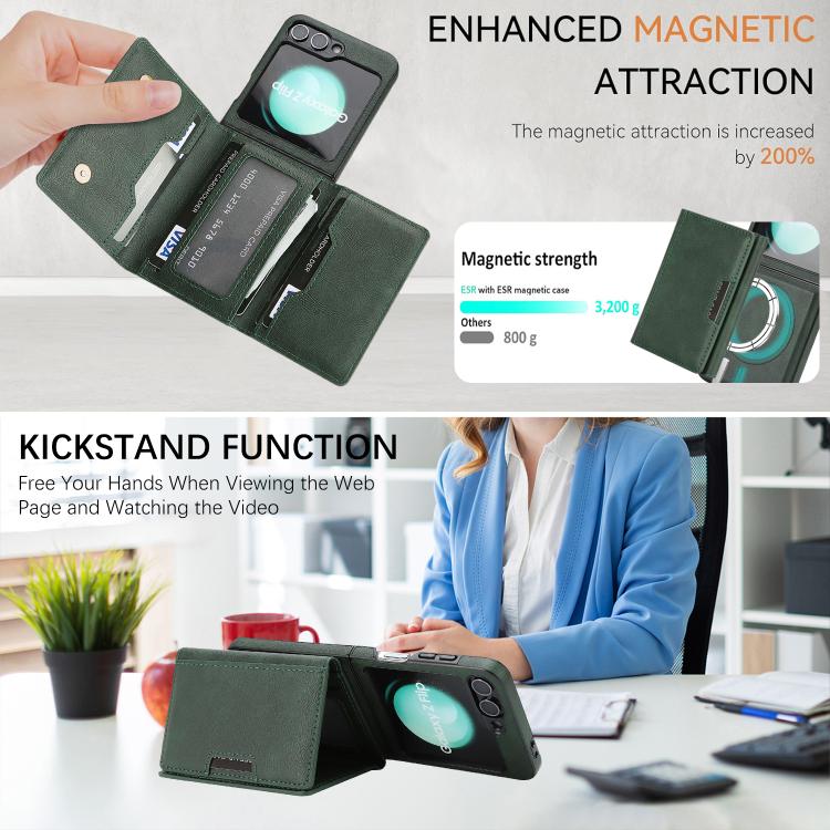Funda de cuero con tres pliegues y adhesivo lateral para Samsung Galaxy Z Flip6 (verde)
