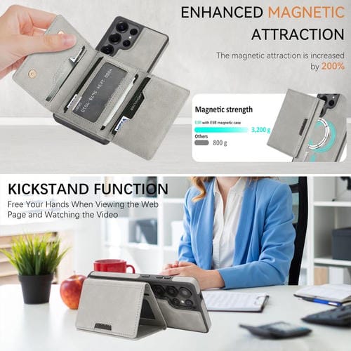 Funda de cuero con tres pliegues y adhesivo lateral para Samsung Galaxy S24 Ultra 5G (gris)