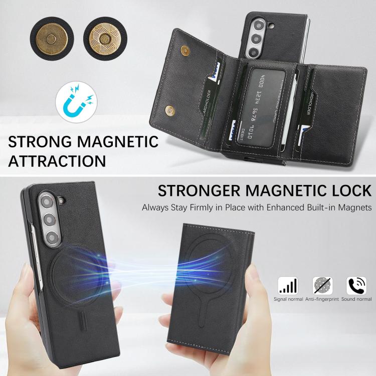 Funda de cuero con adhesivo lateral para Samsung Galaxy Z Fold5, con cierre magnético MagSafe, triple pliegue, Kalebol (negro)