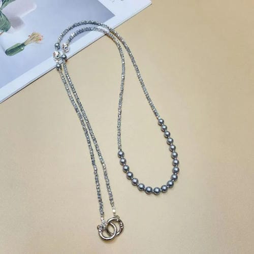 Cadena larga para teléfono móvil con perla de cristal (gris perla)