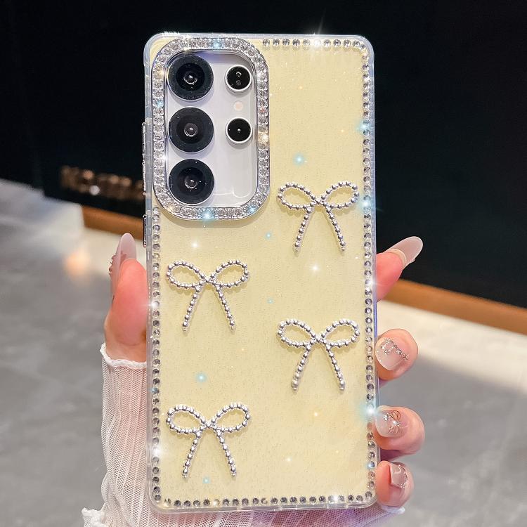 Funda antigolpes con lazo de cuatro esquinas y purpurina de diamante para Samsung Galaxy S24 FE 5G (amarillo claro)