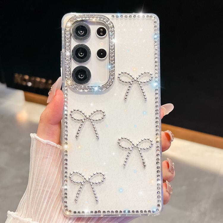Funda antigolpes con lazo de cuatro esquinas y purpurina de diamante para Samsung Galaxy S24+ 5G (blanca)