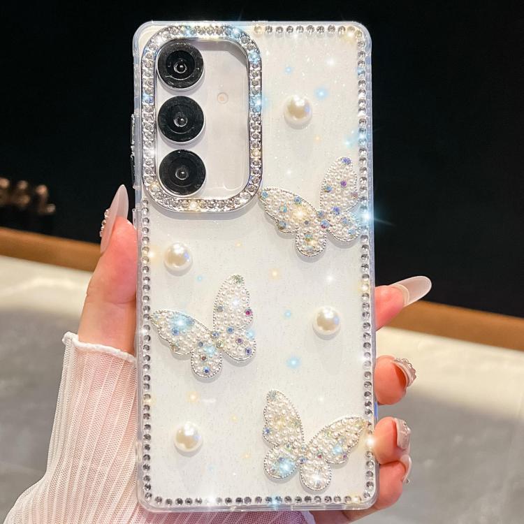 Funda para Samsung Galaxy A56 5G con diseño de mariposa, con purpurina y diamantes, a prueba de golpes en cuatro esquinas (blanca)