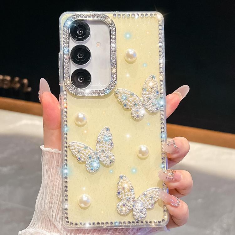 Funda para Samsung Galaxy A16 5G con diseño de mariposa, con purpurina y diamantes, a prueba de golpes (amarillo claro)