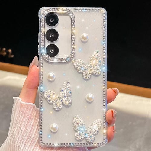 Funda transparente para Samsung Galaxy A15 5G con diseño de mariposa, con purpurina y diamantes en las cuatro esquinas, a prueba de golpes