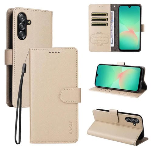 ENKAY - Funda de piel con textura de lichi y función atril para Samsung Galaxy A17 5G / A26 5G / A16 (beige)