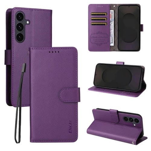 ENKAY - Funda de piel con textura de lichi y función atril para Samsung Galaxy S25+ / S24+ 5G (morado)