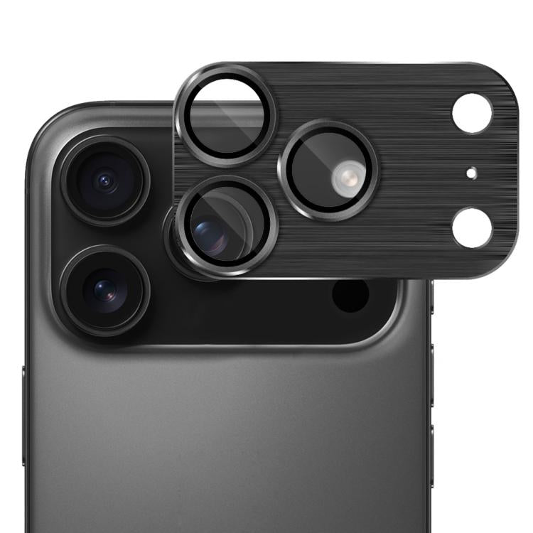 ENKAY - Lente de cámara antirreflejos de aleación de aluminio cepillado con película de vidrio templado para iPhone 17 Pro (negro)