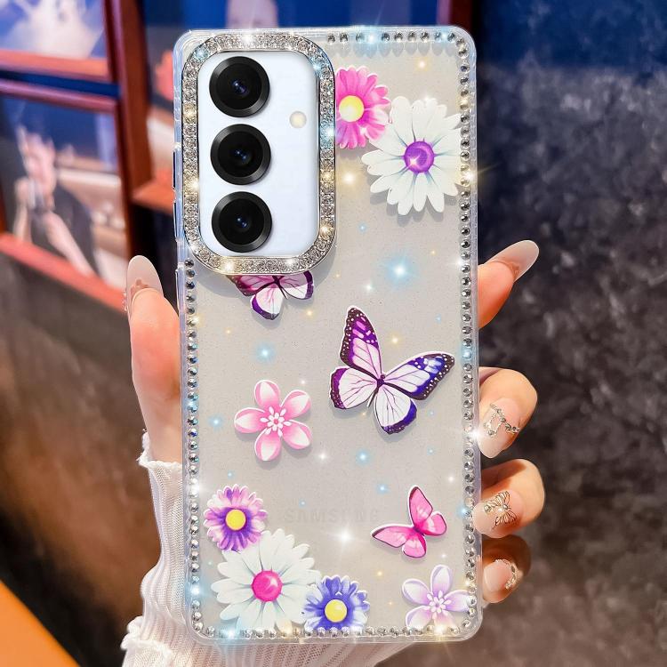 Funda a prueba de golpes con diseño de mariposa y brillo de diamante para Samsung Galaxy S25+ 5G (Mariposa, amor, flor, B5)